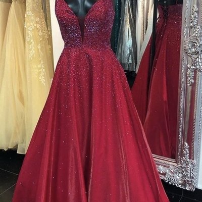 Ball gown v neck burgundy sequin long prom dresses sweet 16 party gown，1334