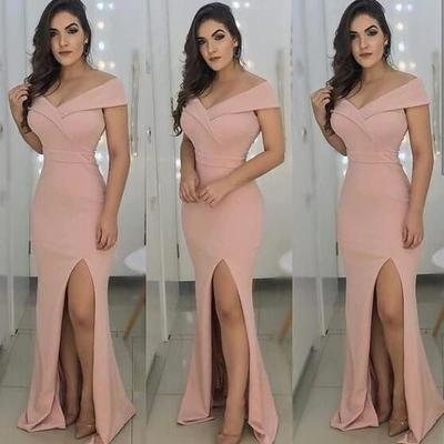 Simple off shoulder satin long prom dresses with slit - Thumbnail 2