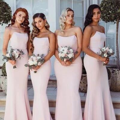 Strapless light pink satin long bridesmaid dresses - Thumbnail 2