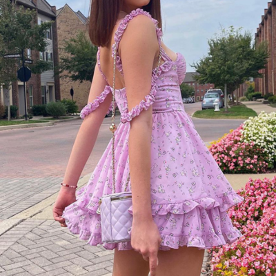 Floral shoulder strap princess sweet sling dress - Thumbnail 1
