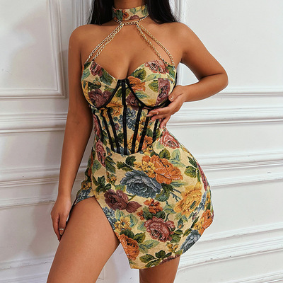 Vintage print slit sexy sling dress