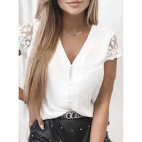 Lace Stitching Short-Sleeved V-Neck Button-Down Shirt Top - Thumbnail 2