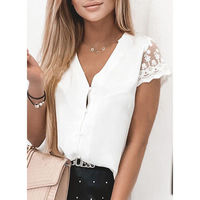 Lace Stitching Short-Sleeved V-Neck Button-Down Shirt Top - Thumbnail 1