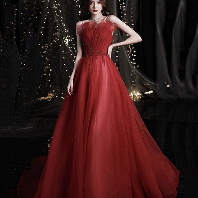 Red tulle beads long prom dress red evening dress