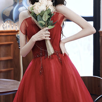 Red tulle beads long prom dress red evening dress - Thumbnail 3