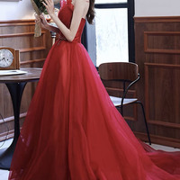 Red tulle beads long prom dress red evening dress - Thumbnail 4