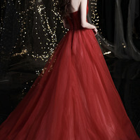 Red tulle beads long prom dress red evening dress - Thumbnail 2
