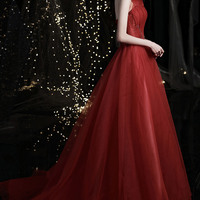 Red tulle beads long prom dress red evening dress - Thumbnail 1