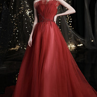 Red tulle beads long prom dress red evening dress - Thumbnail 5