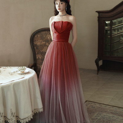Burgundy gradient tulle long prom dress evening dress