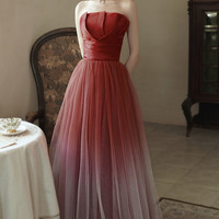 Burgundy Gradient Tulle Long Prom Dress Evening Dress - Thumbnail 7