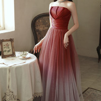 Burgundy Gradient Tulle Long Prom Dress Evening Dress - Thumbnail 1