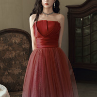 Burgundy Gradient Tulle Long Prom Dress Evening Dress - Thumbnail 5