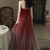 Burgundy Gradient Tulle Long Prom Dress Evening Dress - Thumbnail 6