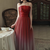 Burgundy Gradient Tulle Long Prom Dress Evening Dress - Thumbnail 4