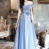 Blue tulle sequins long prom dress blue evening dress - Thumbnail 1