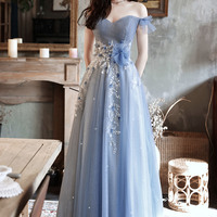 Blue tulle sequins long prom dress blue evening dress - Thumbnail 2