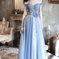 Blue tulle sequins long prom dress blue evening dress - Thumbnail 3