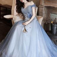 Blue tulle sequins long prom dress blue evening dress - Thumbnail 4