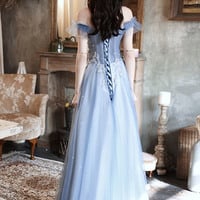 Blue tulle sequins long prom dress blue evening dress - Thumbnail 5