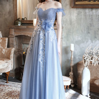 Blue tulle sequins long prom dress blue evening dress - Thumbnail 6