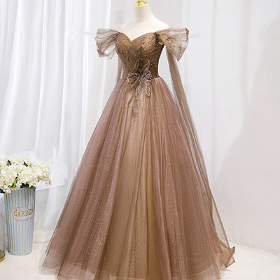 Stylish tulle beads long prom dress a line evening gown - Thumbnail 1