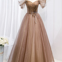 Stylish tulle beads long prom dress A line evening gown - Thumbnail 4