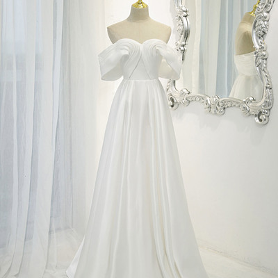 White satin long prom dress white evening dress - Thumbnail 1