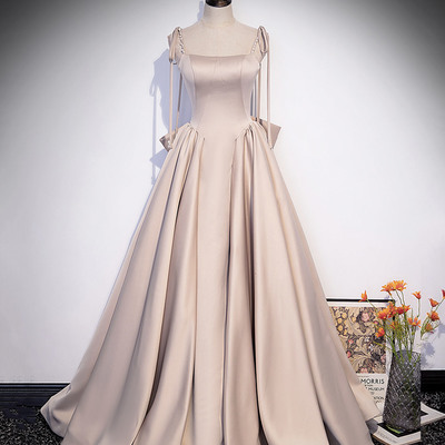 Pink satin long prom dress pink evening dress - Thumbnail 2