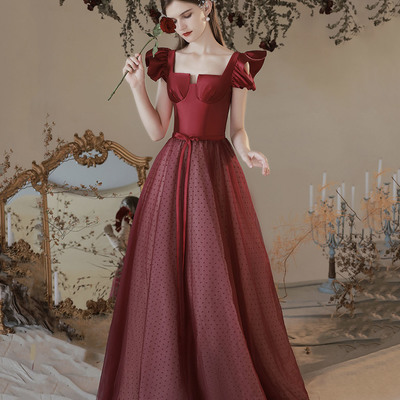 Burgundy satin tulle long prom dress a line evening dress