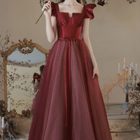 Burgundy satin tulle long prom dress A line evening dress - Thumbnail 1