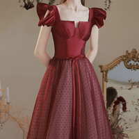 Burgundy satin tulle long prom dress A line evening dress - Thumbnail 2