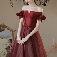 Burgundy satin tulle long prom dress A line evening dress - Thumbnail 3