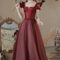 Burgundy satin tulle long prom dress A line evening dress - Thumbnail 4