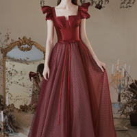 Burgundy satin tulle long prom dress A line evening dress - Thumbnail 5