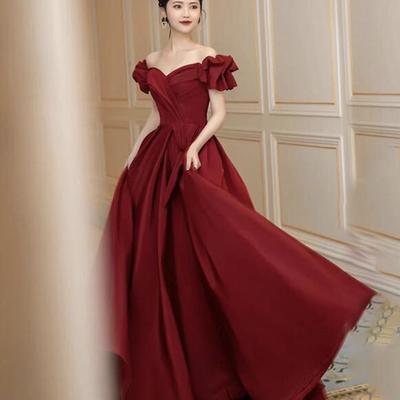 A line burgundy satin long prom dress evening dress - Thumbnail 3