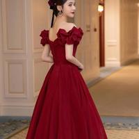 A line burgundy satin long prom dress evening dress - Thumbnail 2