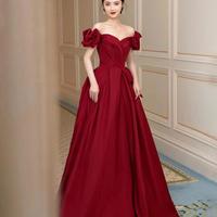 A line burgundy satin long prom dress evening dress - Thumbnail 1
