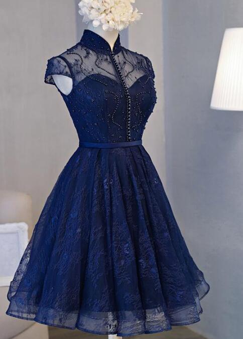 Charming Navy Blue Knee Length Lace Homecoming Dress