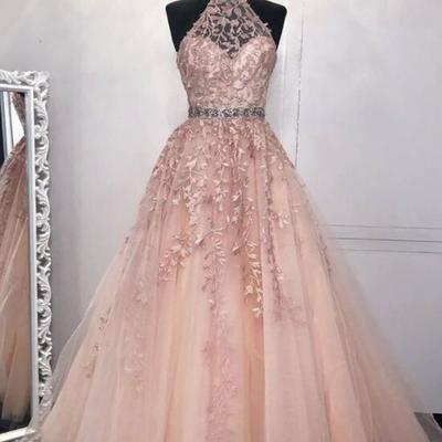 Halter neck pink lace long prom dress with beading ,pink evening dress - Thumbnail 3