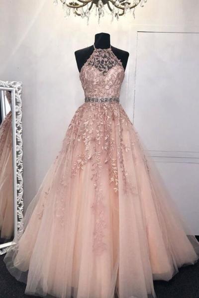 Halter Neck Pink Lace Long Prom Dress with Beading ,Pink Evening Dress