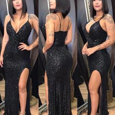 Sexy floor length v neck black sequin prom dresses with side silt - Thumbnail 3