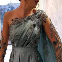 Floor Length Scoop Neckline One Shoulder Stain Evening Dresses with Beading  - Thumbnail 3