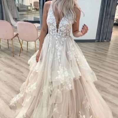 Elegant v neck open back lace long prom dress, wedding dress - Thumbnail 3