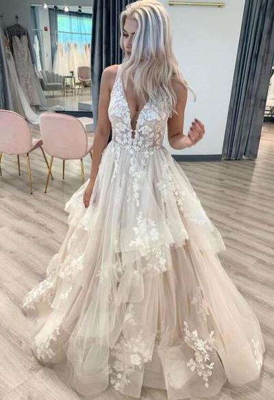 Elegant v neck open back lace long prom dress, wedding dress