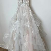 Elegant v neck open back lace long prom dress, wedding dress - Thumbnail 1