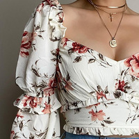 Floral Long Sleeve Sexy Shirt Top - Thumbnail 1