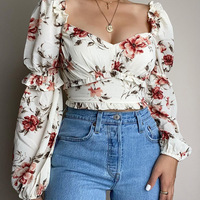 Floral Long Sleeve Sexy Shirt Top - Thumbnail 2