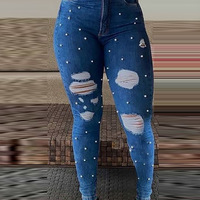 Blue Shredded Bubble Beading Skinny Jeans - Thumbnail 1