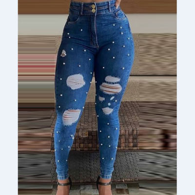 Blue Shredded Bubble Beading Skinny Jeans